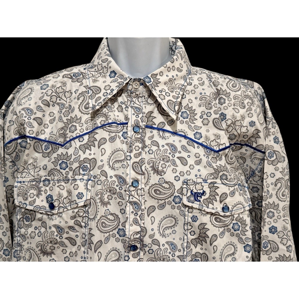 Cowboy‎ Hardware Men Shirt XL Floral Paisley Blue Pearl Snap Western Rockabilly